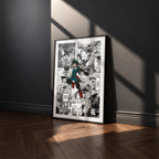 Izuku Midoriya manga poster inspired by My Hero Academia in a black frame against a charcoal gray wall