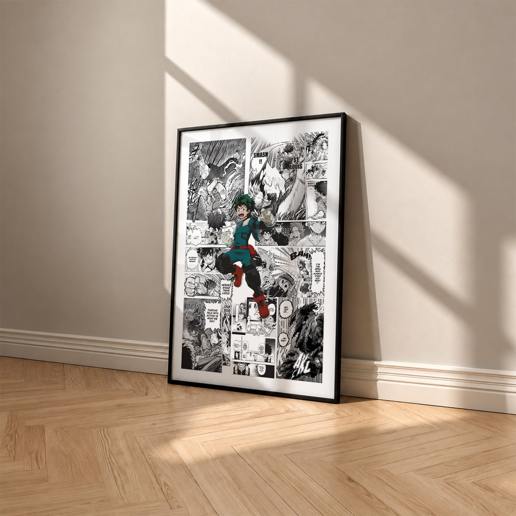 Izuku Midoriya manga poster inspired by My Hero Academia in a black frame against a warm beige wall