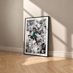 Izuku Midoriya manga poster inspired by My Hero Academia in a black frame against a warm beige wall