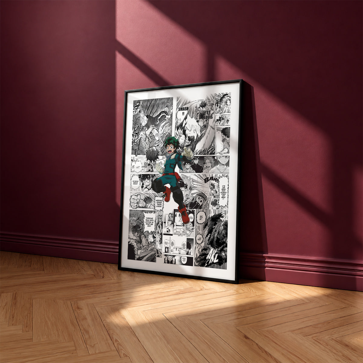 Izuku Midoriya manga poster inspired by My Hero Academia in a black frame against a burgundy wall