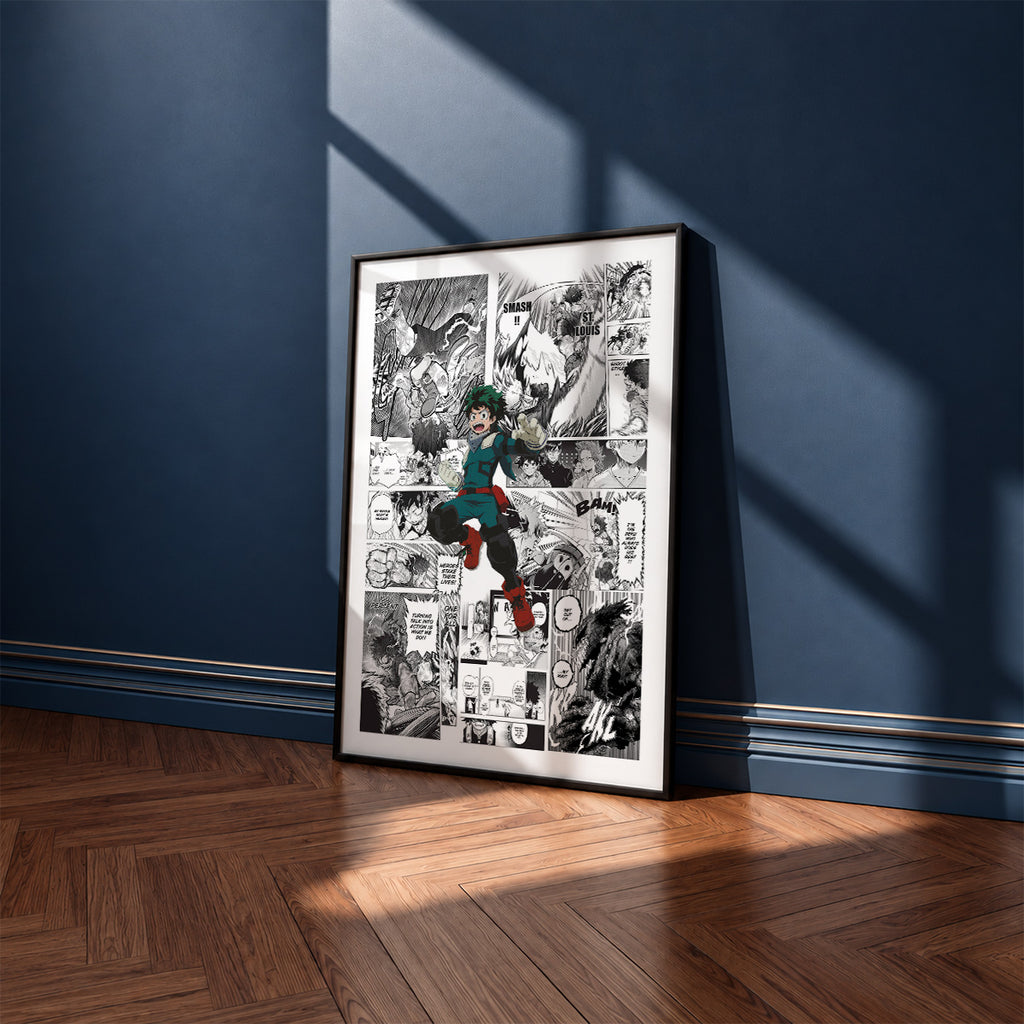 Izuku Midoriya manga poster inspired by My Hero Academia in a black frame against a navy blue wall