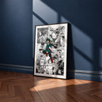 Izuku Midoriya manga poster inspired by My Hero Academia in a black frame against a navy blue wall
