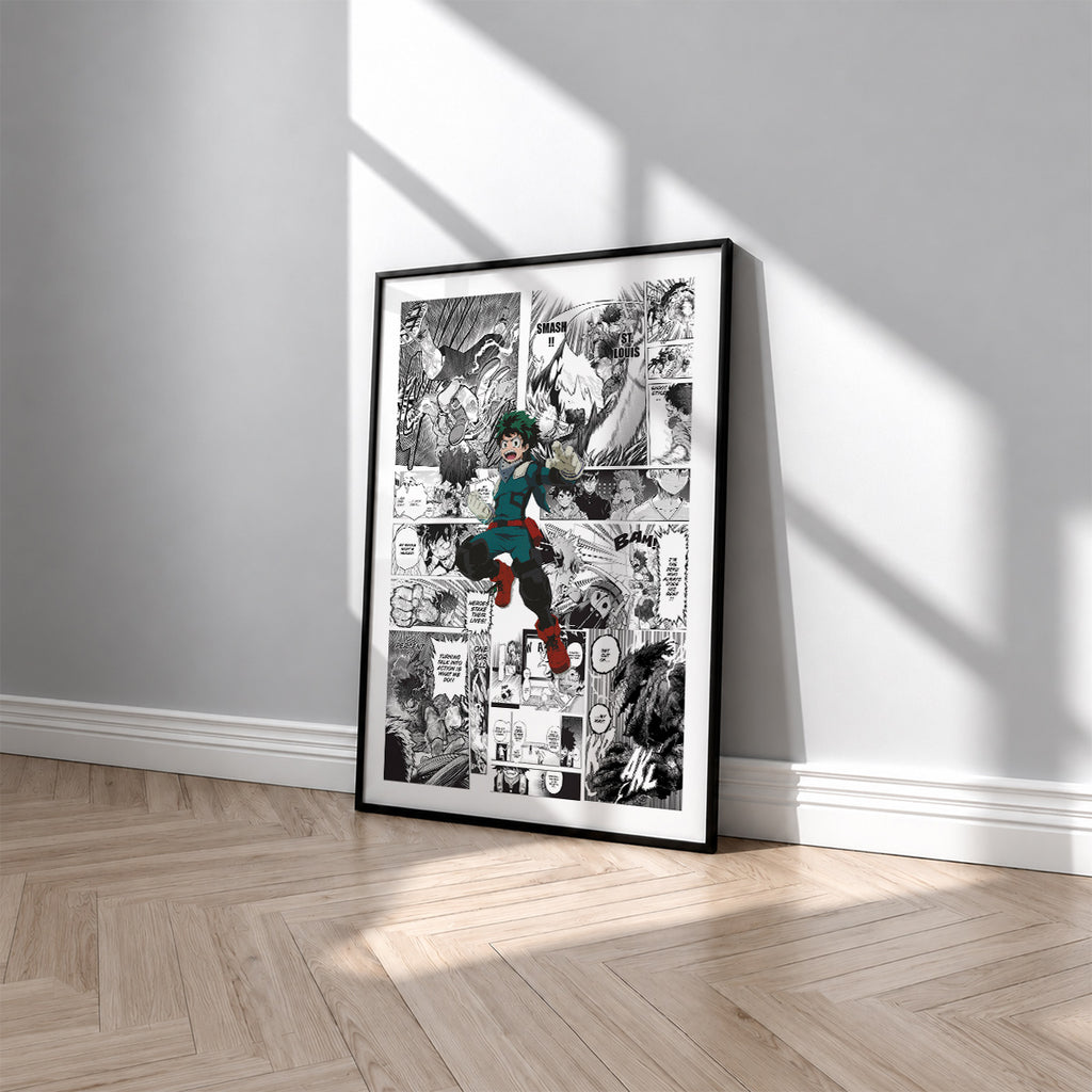 Izuku Midoriya manga poster inspired by My Hero Academia in a black frame against a light gray wall