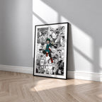 Izuku Midoriya manga poster inspired by My Hero Academia in a black frame against a light gray wall