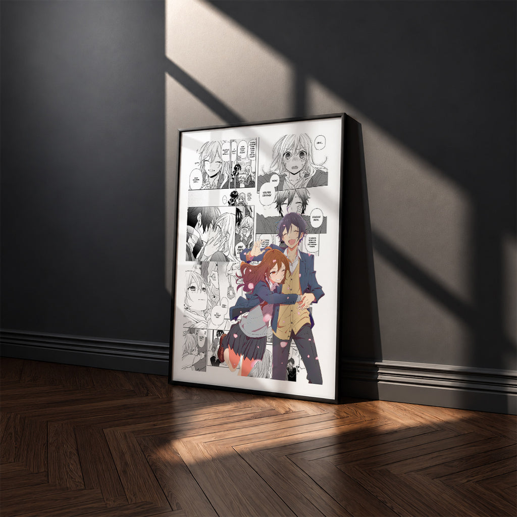 Izumi Miyamura and Kyouko Hori manga poster inspired by Horimiya in a black frame against a charcoal gray wall