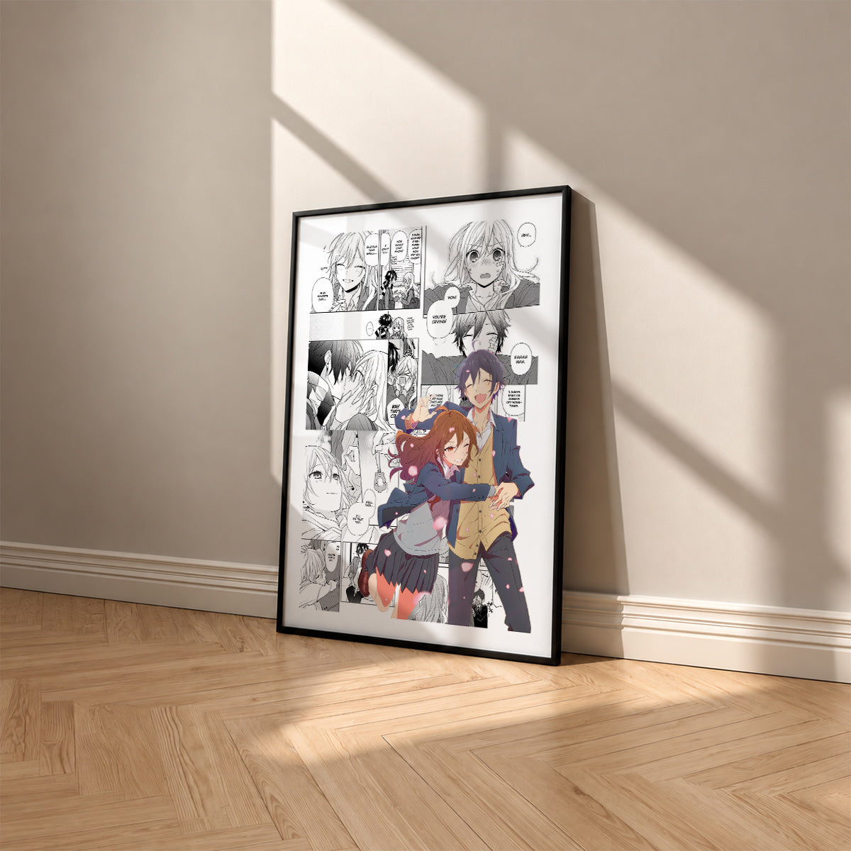 Izumi Miyamura and Kyouko Hori manga poster inspired by Horimiya in a black frame against a warm beige wall