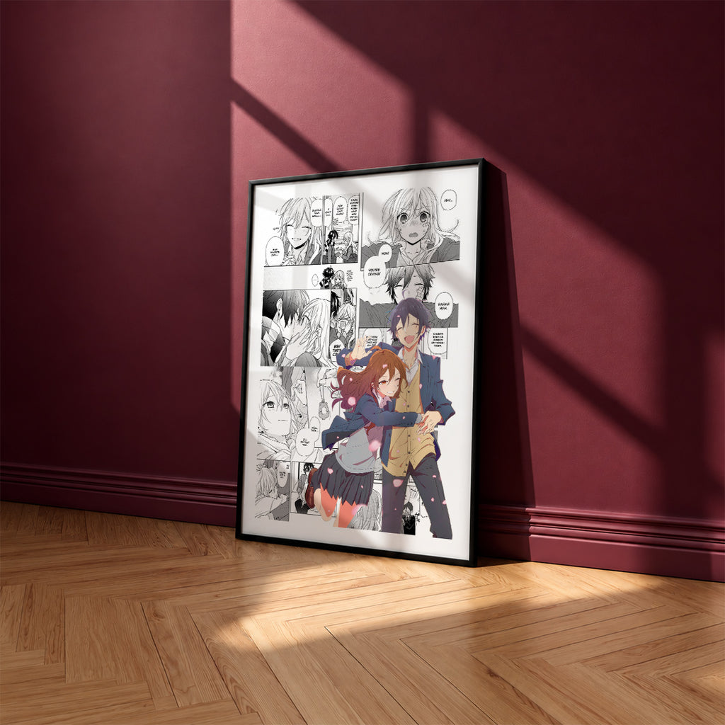 Izumi Miyamura and Kyouko Hori manga poster inspired by Horimiya in a black frame against a burgundy wall
