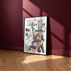 Izumi Miyamura and Kyouko Hori manga poster inspired by Horimiya in a black frame against a burgundy wall