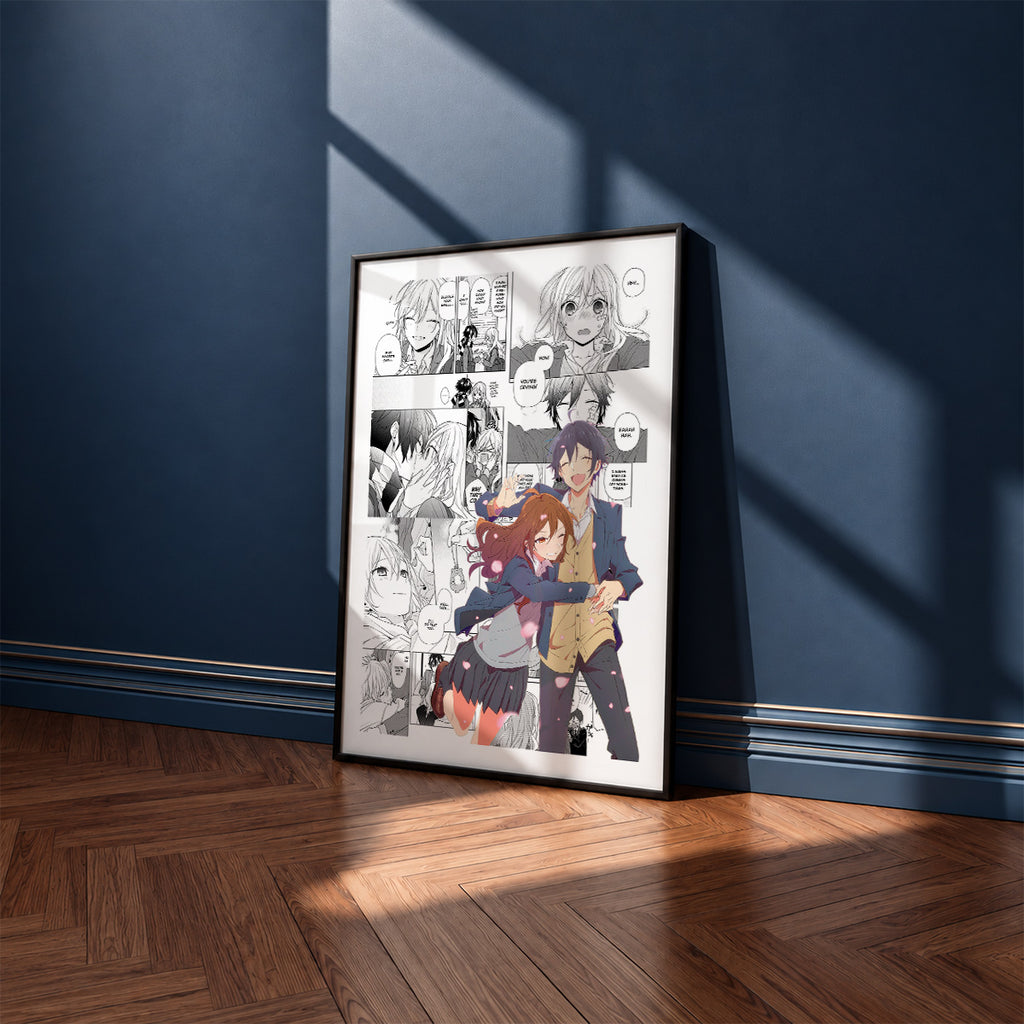 Izumi Miyamura and Kyouko Hori manga poster inspired by Horimiya in a black frame against a navy blue wall