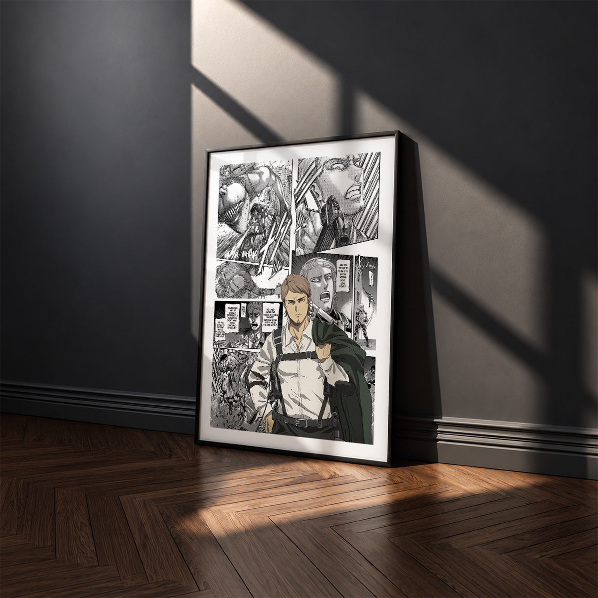 Jean Kirstein manga poster inspired by Attack on Titan in a black frame against a charcoal gray wall