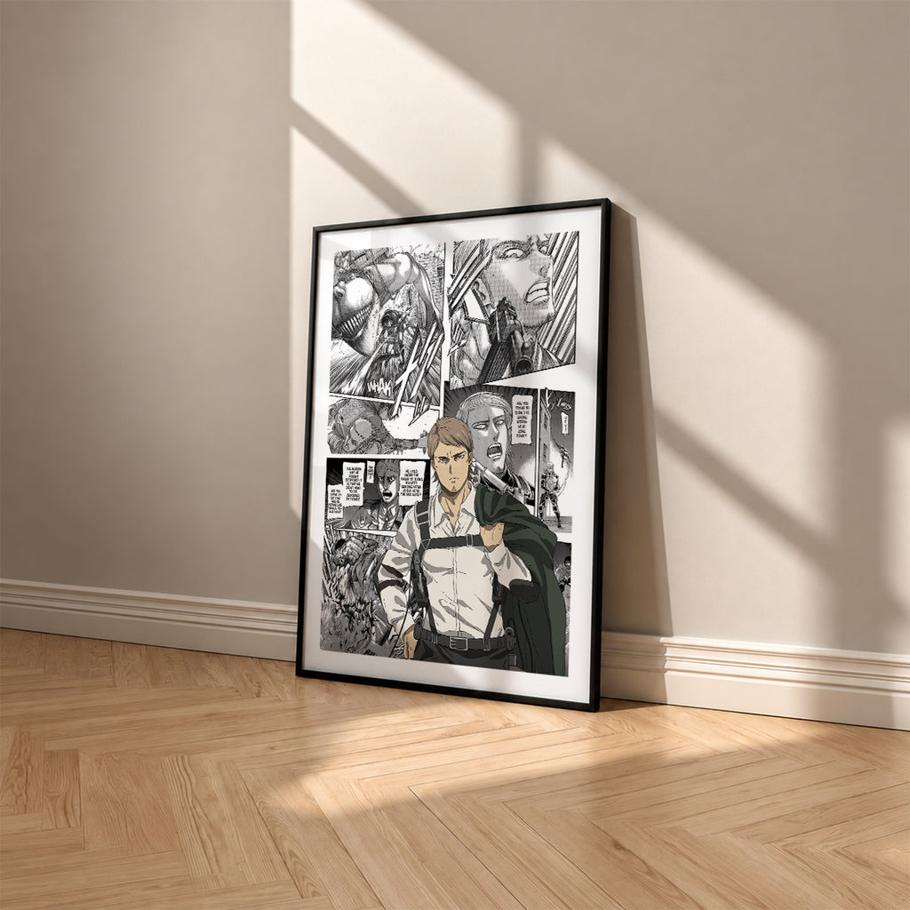 Jean Kirstein manga poster inspired by Attack on Titan in a black frame against a warm beige wall