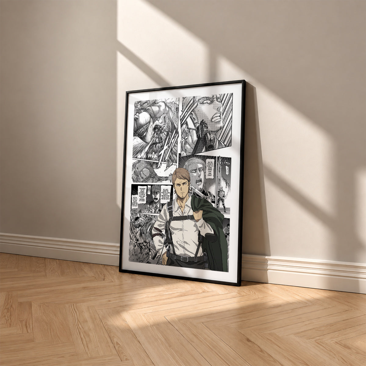 Jean Kirstein manga poster inspired by Attack on Titan in a black frame against a warm beige wall