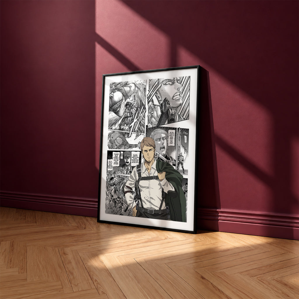 Jean Kirstein manga poster inspired by Attack on Titan in a black frame against a burgundy wall