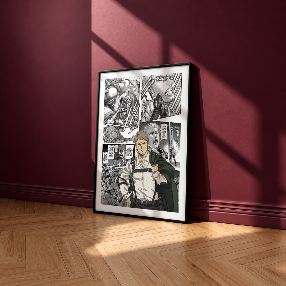 Jean Kirstein manga poster inspired by Attack on Titan in a black frame against a burgundy wall