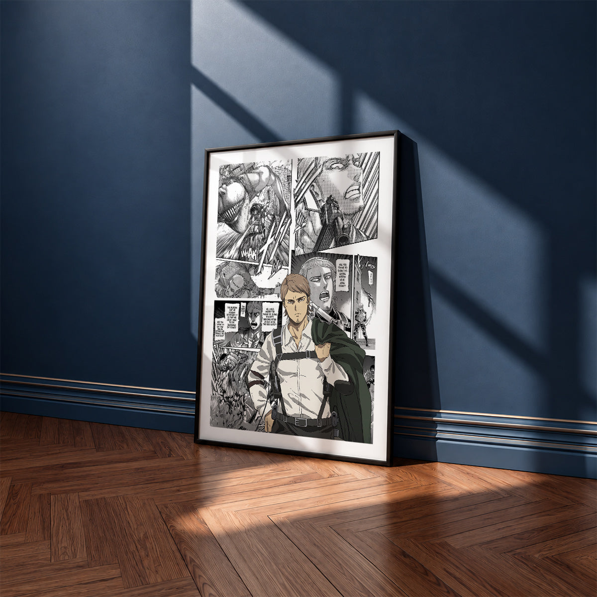 Jean Kirstein manga poster inspired by Attack on Titan in a black frame against a navy blue wall