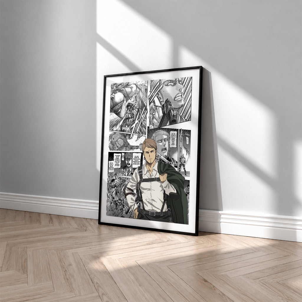Jean Kirstein manga poster inspired by Attack on Titan in a black frame against a light gray wall