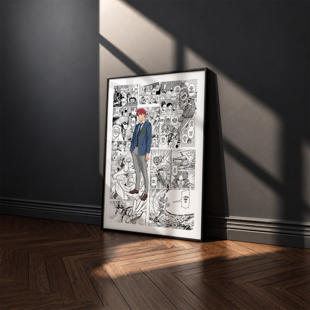 Jiji manga poster inspired by Dandadan in a black frame against a charcoal gray wall