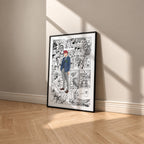 Jiji manga poster inspired by Dandadan in a black frame against a warm beige wall