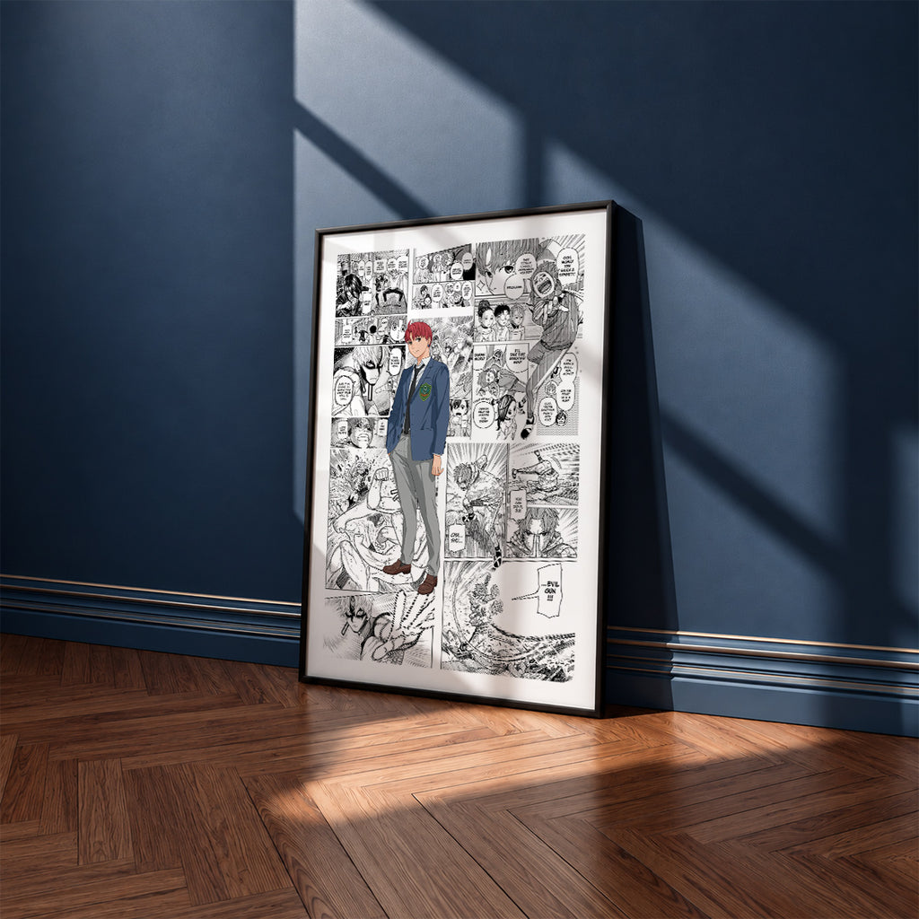 Jiji manga poster inspired by Dandadan in a black frame against a navy blue wall
