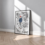 Jiji manga poster inspired by Dandadan in a black frame against a light gray wall