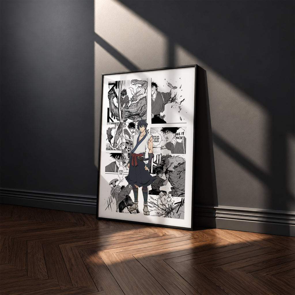 Jinta manga poster inspired by Sword of the Demon Hunter: Kijin Gentosho in a black frame against a charcoal gray wall