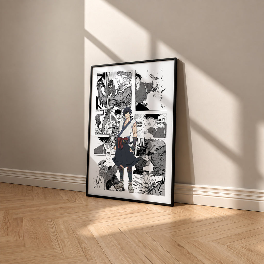 Jinta manga poster inspired by Sword of the Demon Hunter: Kijin Gentosho in a black frame against a warm beige wall