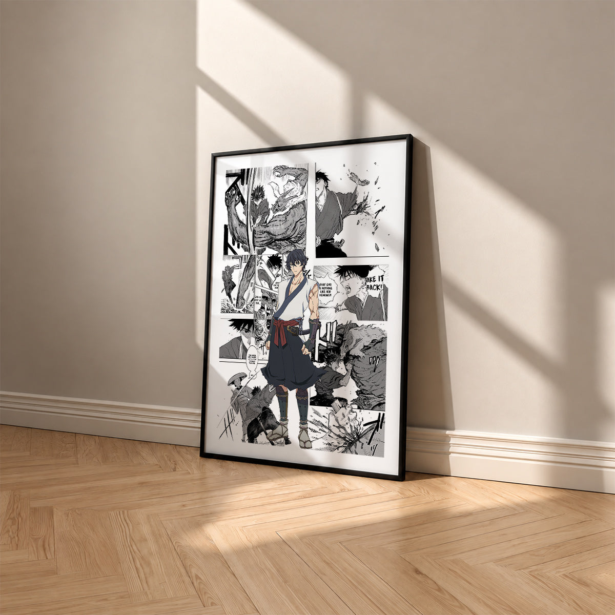 Jinta manga poster inspired by Sword of the Demon Hunter: Kijin Gentosho in a black frame against a warm beige wall