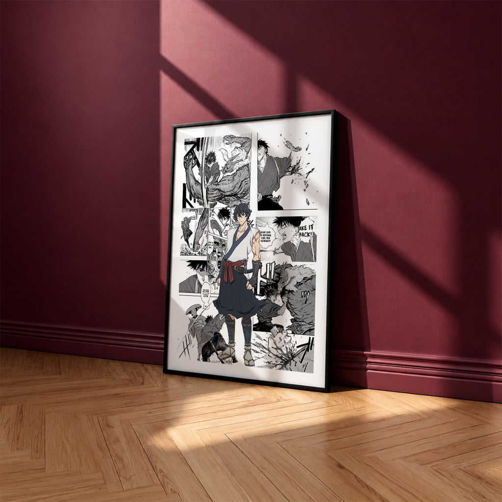 Jinta manga poster inspired by Sword of the Demon Hunter: Kijin Gentosho in a black frame against a burgundy wall