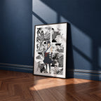 Jinta manga poster inspired by Sword of the Demon Hunter: Kijin Gentosho in a black frame against a navy blue wall