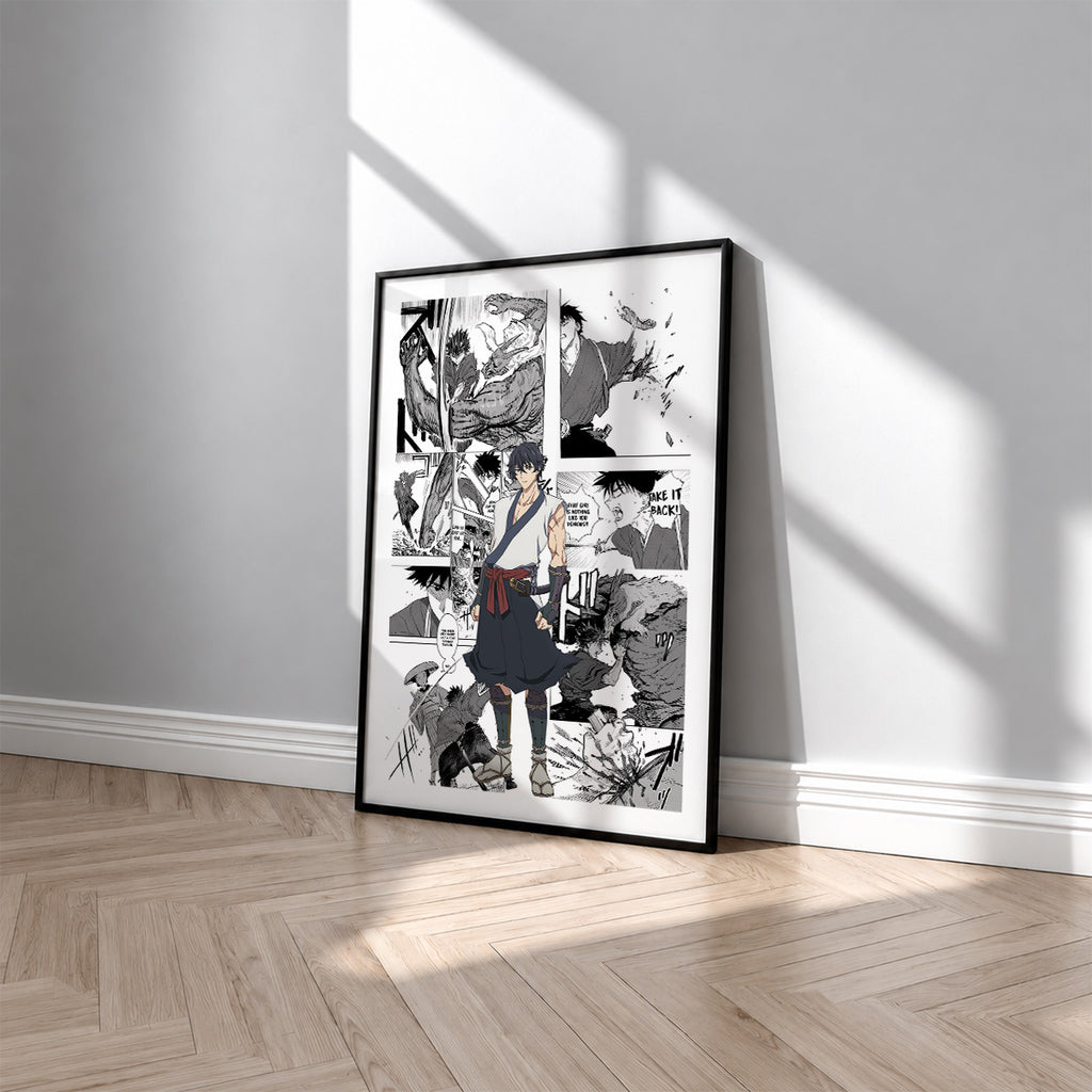 Jinta manga poster inspired by Sword of the Demon Hunter: Kijin Gentosho in a black frame against a light gray wall