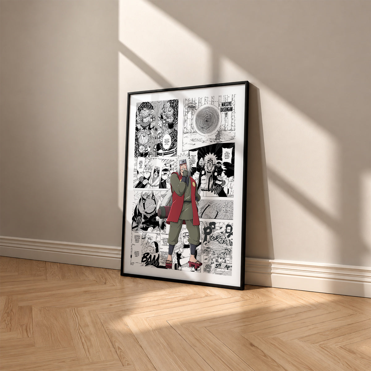 Jiraiya manga poster inspired by Naruto in a black frame against a warm beige wall