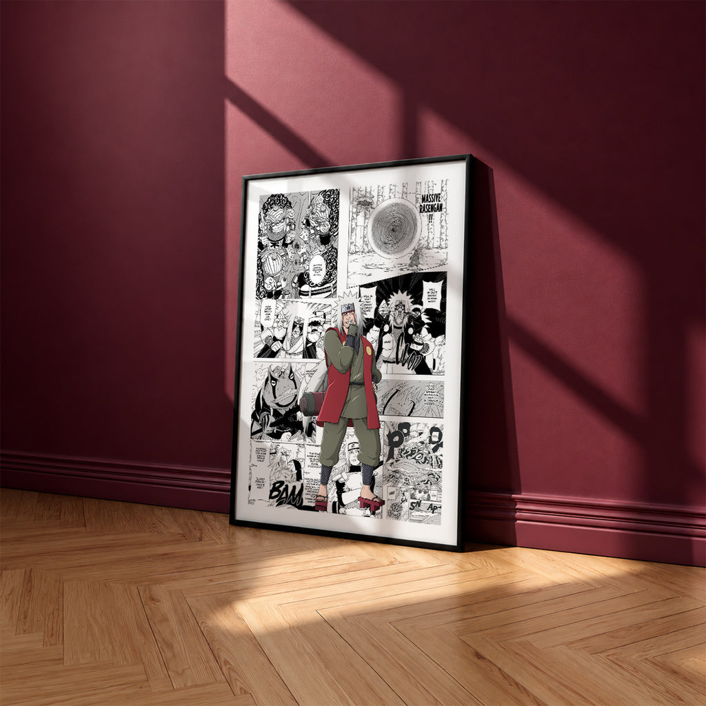 Jiraiya manga poster inspired by Naruto in a black frame against a burgundy wall