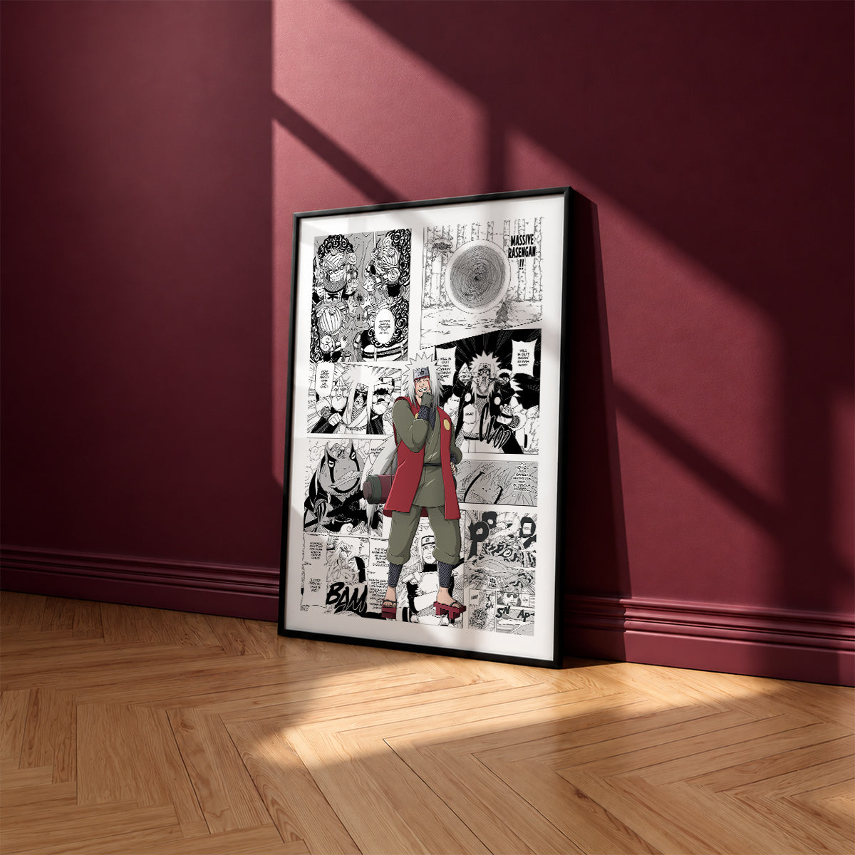 Jiraiya manga poster inspired by Naruto in a black frame against a burgundy wall
