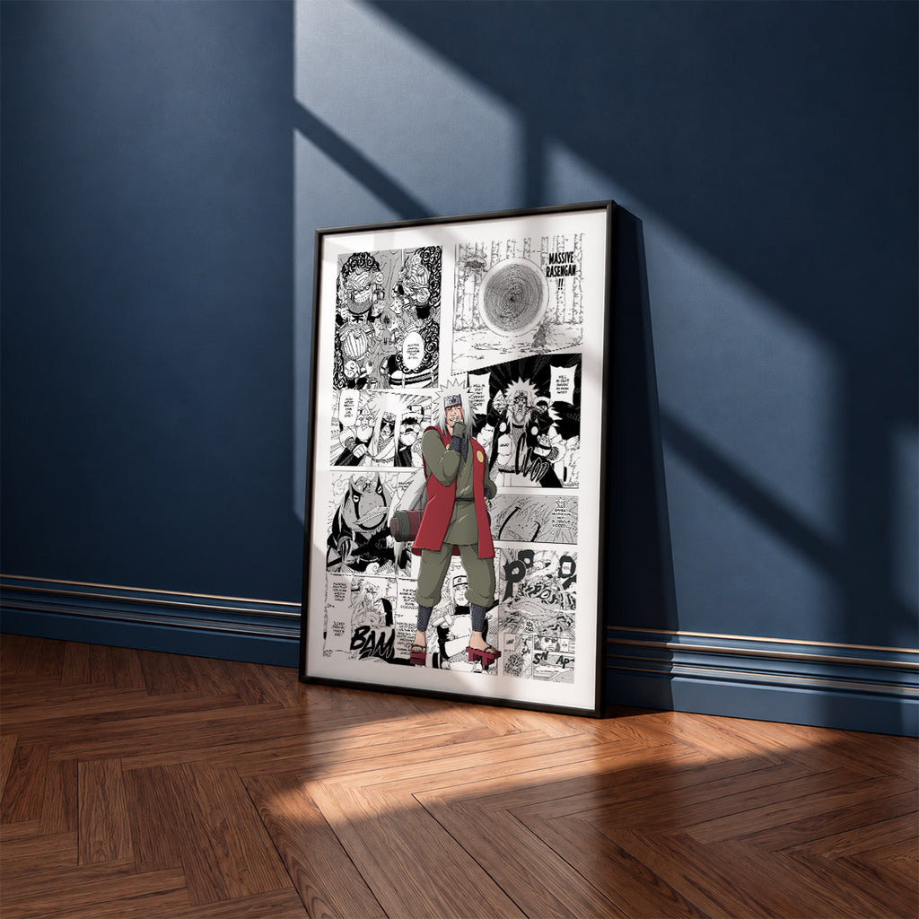 Jiraiya manga poster inspired by Naruto in a black frame against a navy blue wall