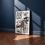 Jiraiya manga poster inspired by Naruto in a black frame against a navy blue wall