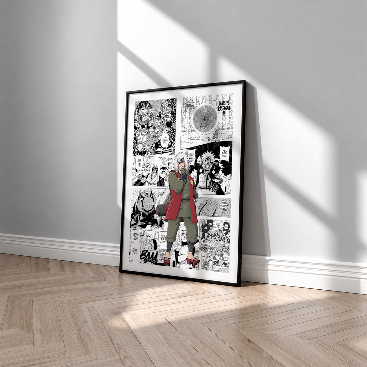 Jiraiya manga poster inspired by Naruto in a black frame against a light gray wall