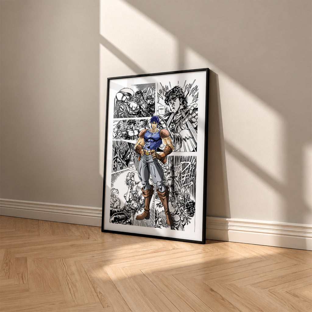 Jonathan Joestar manga poster inspired by JoJo's Bizarre Adventure in a black frame against a warm beige wall