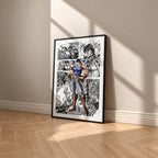 Jonathan Joestar manga poster inspired by JoJo's Bizarre Adventure in a black frame against a warm beige wall