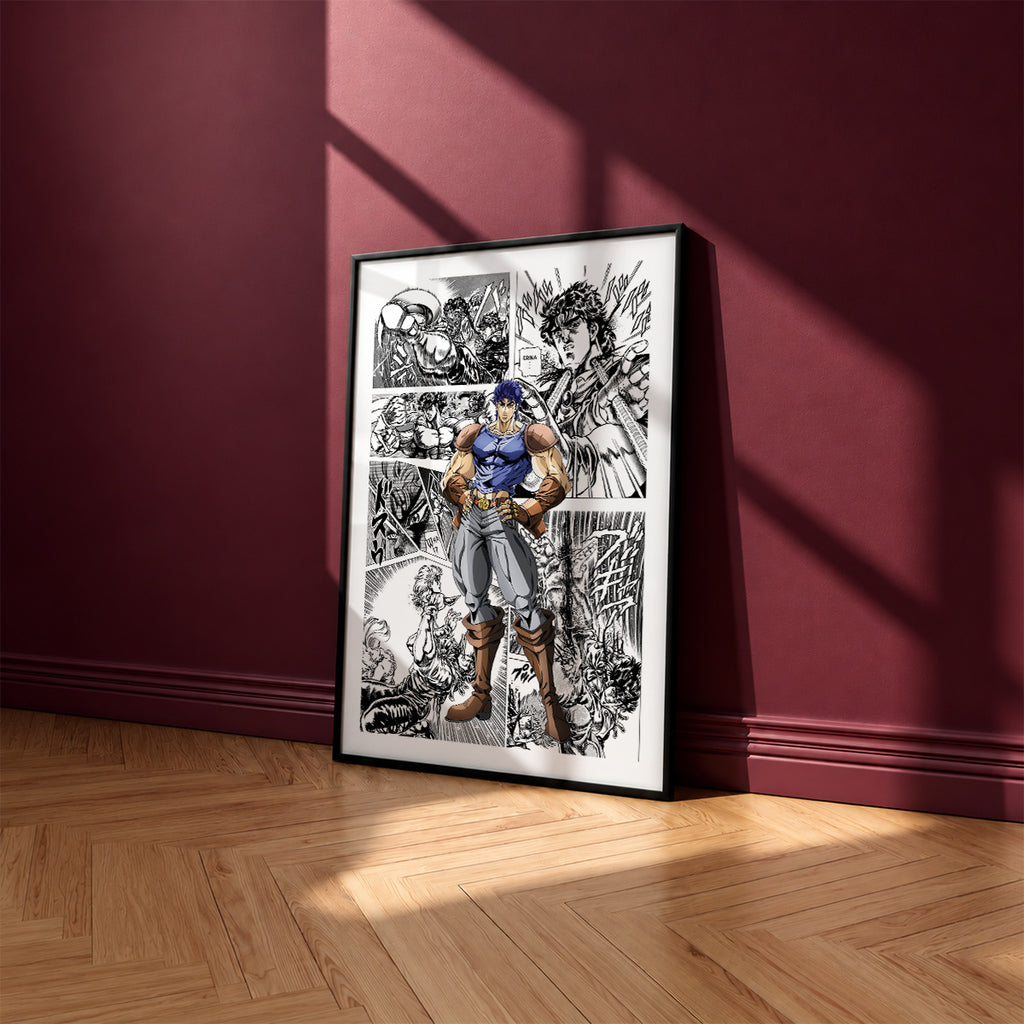 Jonathan Joestar manga poster inspired by JoJo's Bizarre Adventure in a black frame against a burgundy wall