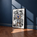 Jonathan Joestar manga poster inspired by JoJo's Bizarre Adventure in a black frame against a navy blue wall