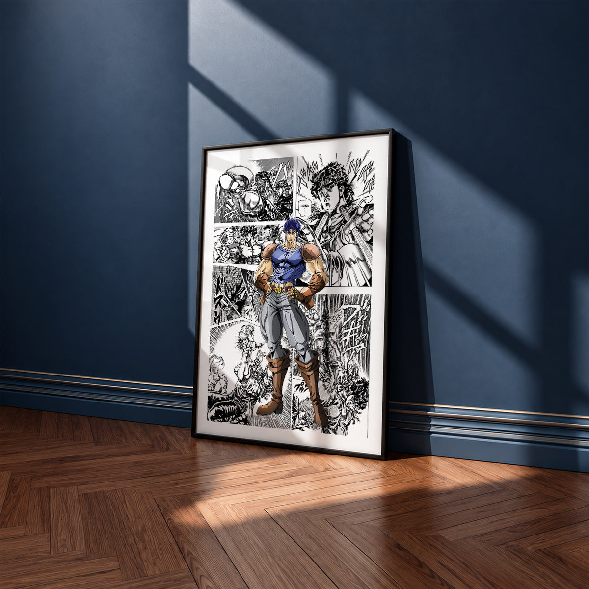 Jonathan Joestar manga poster inspired by JoJo's Bizarre Adventure in a black frame against a navy blue wall