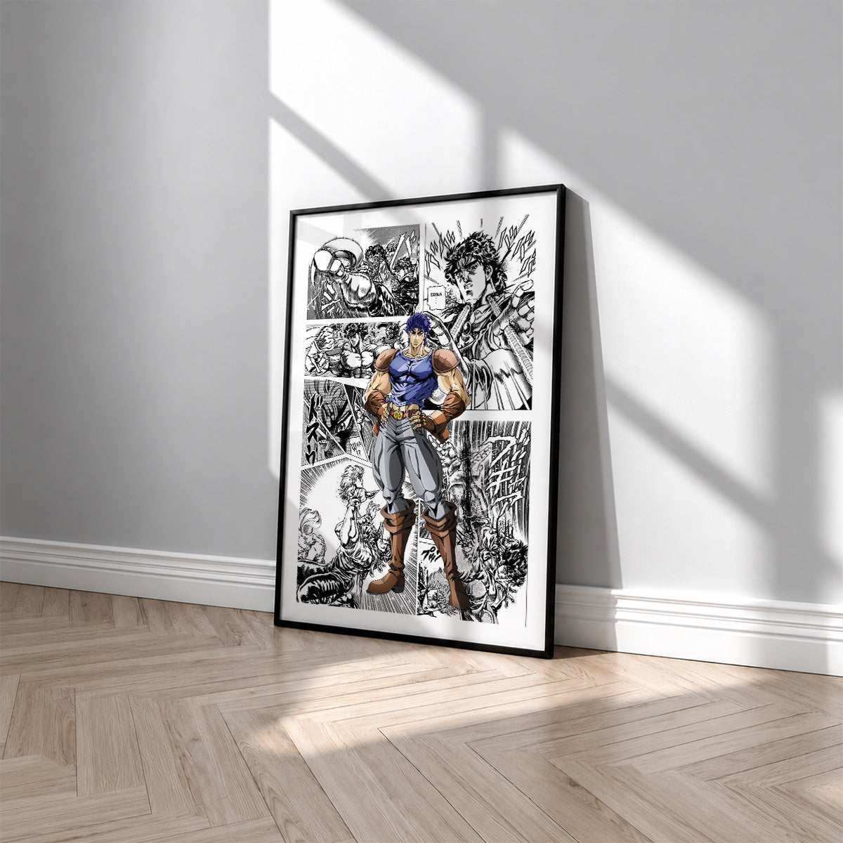 Jonathan Joestar manga poster inspired by JoJo's Bizarre Adventure in a black frame against a light gray wall