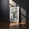 Joseph Joestar manga poster inspired by JoJo's Bizarre Adventure in a black frame against a charcoal gray wall