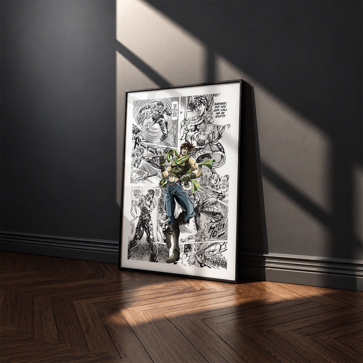 Joseph Joestar manga poster inspired by JoJo's Bizarre Adventure in a black frame against a charcoal gray wall