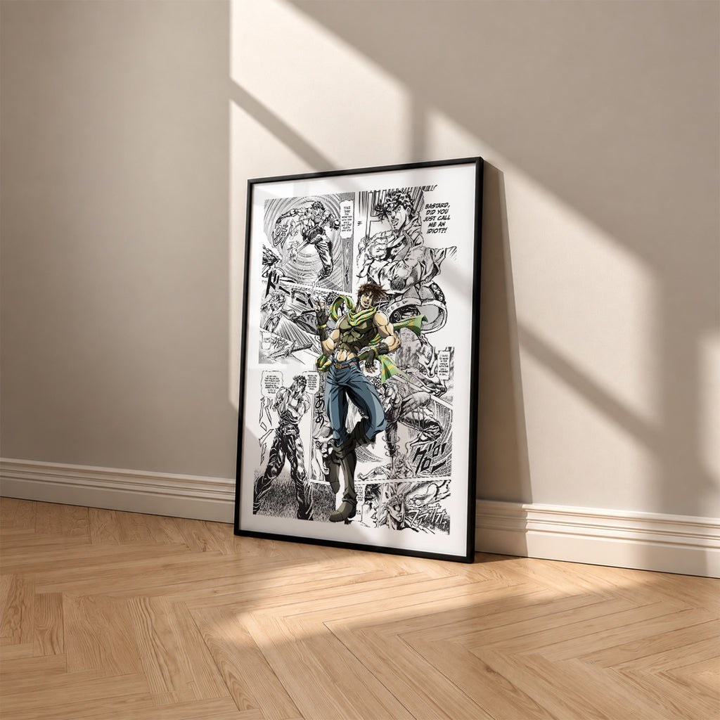 Joseph Joestar manga poster inspired by JoJo's Bizarre Adventure in a black frame against a warm beige wall