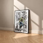 Joseph Joestar manga poster inspired by JoJo's Bizarre Adventure in a black frame against a warm beige wall