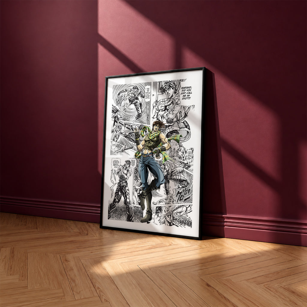 Joseph Joestar manga poster inspired by JoJo's Bizarre Adventure in a black frame against a burgundy wall
