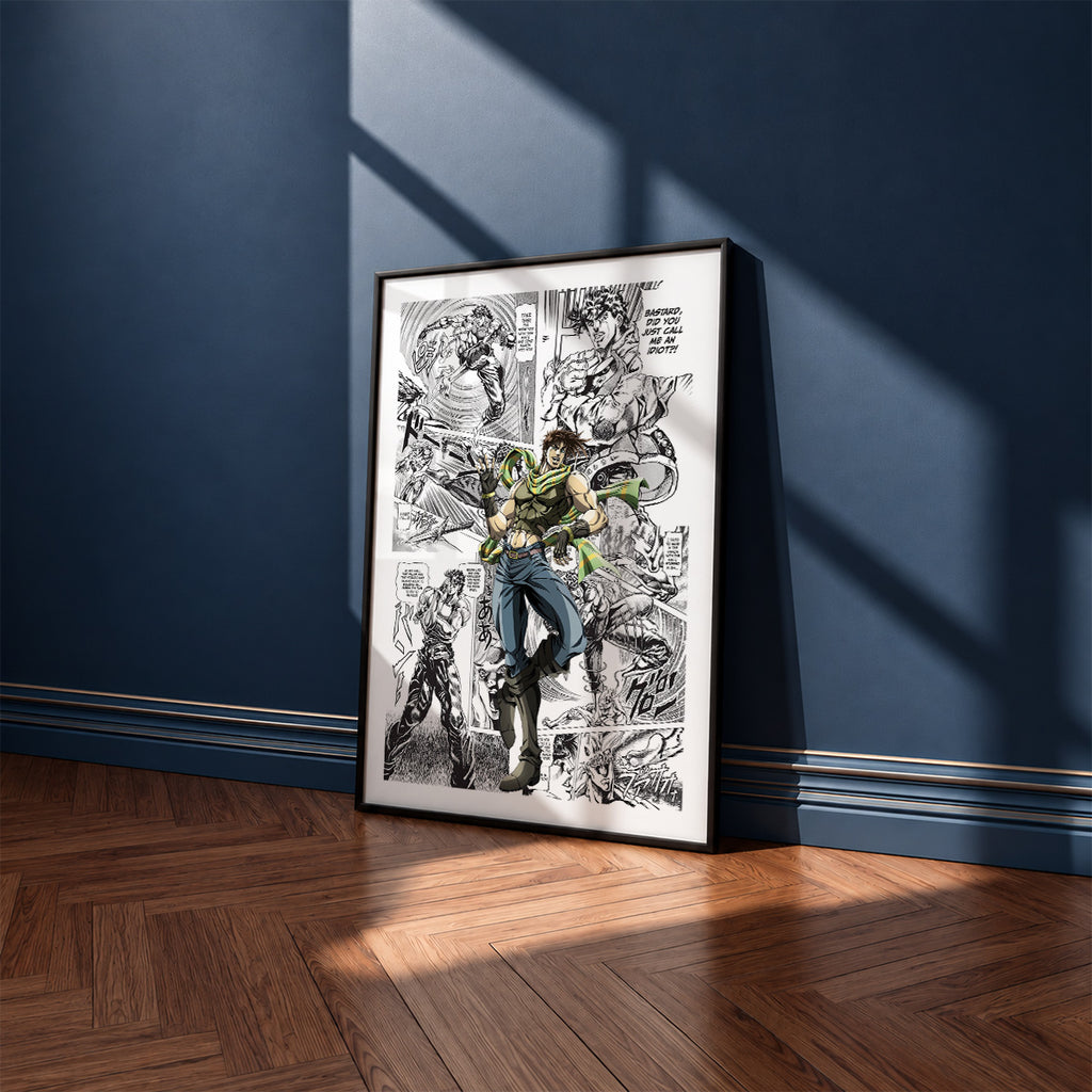 Joseph Joestar manga poster inspired by JoJo's Bizarre Adventure in a black frame against a navy blue wall