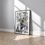 Joseph Joestar manga poster inspired by JoJo's Bizarre Adventure in a black frame against a light gray wall