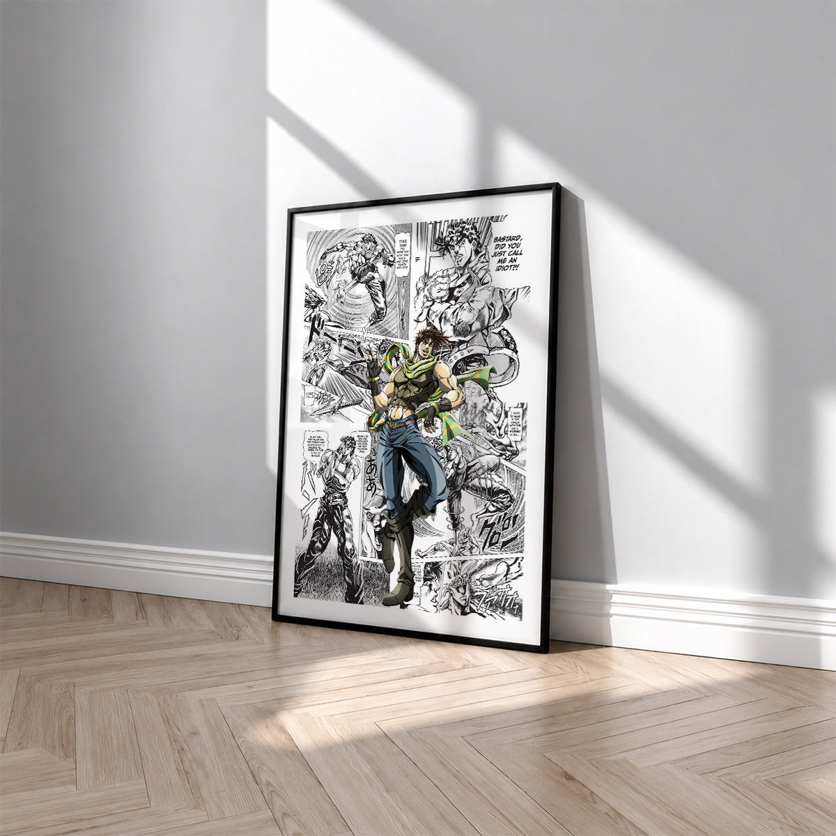 Joseph Joestar manga poster inspired by JoJo's Bizarre Adventure in a black frame against a light gray wall